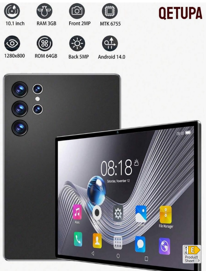 Qetupa 10,1 hüvelykes Android 14 táblagép